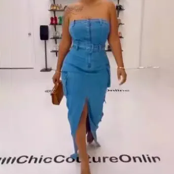 Women Fashion Sexy Tube Top Slim Fit Split Strapless Maxi Denim Dress