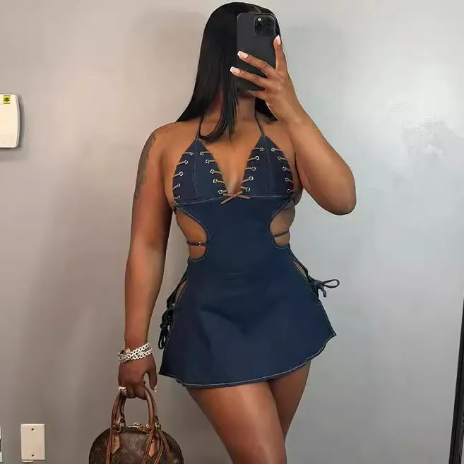 Women Fashion Sexy Solid Color Halter-Neck Backless Mini Denim Dress