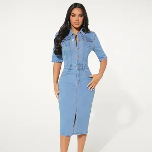 Women Fashion Sexy Solid Color Lapel Short-Sleeve Stretch-Breasted Slim-Fit Bodycon Denim Dress