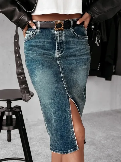Women Fashion Casual Stretch Wash Split Denim Skirt