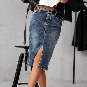 Women Fashion Casual Stretch Wash Split Denim Skirt