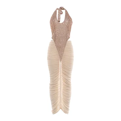 Women Sexy Sequin Stitching Mesh Perspective Halter-Neck Pleated Party Dress