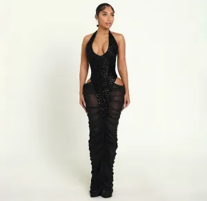 Women Sexy Sequin Stitching Mesh Perspective Halter-Neck Pleated Party Dress