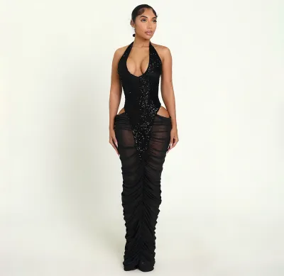 Women Sexy Sequin Stitching Mesh Perspective Halter-Neck Pleated Party Dress