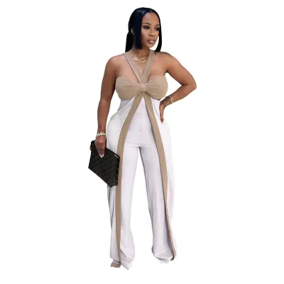 Women Fashion Sexy Color Block Hollow-Out Sleeveless Wide Leg Jumpsuits