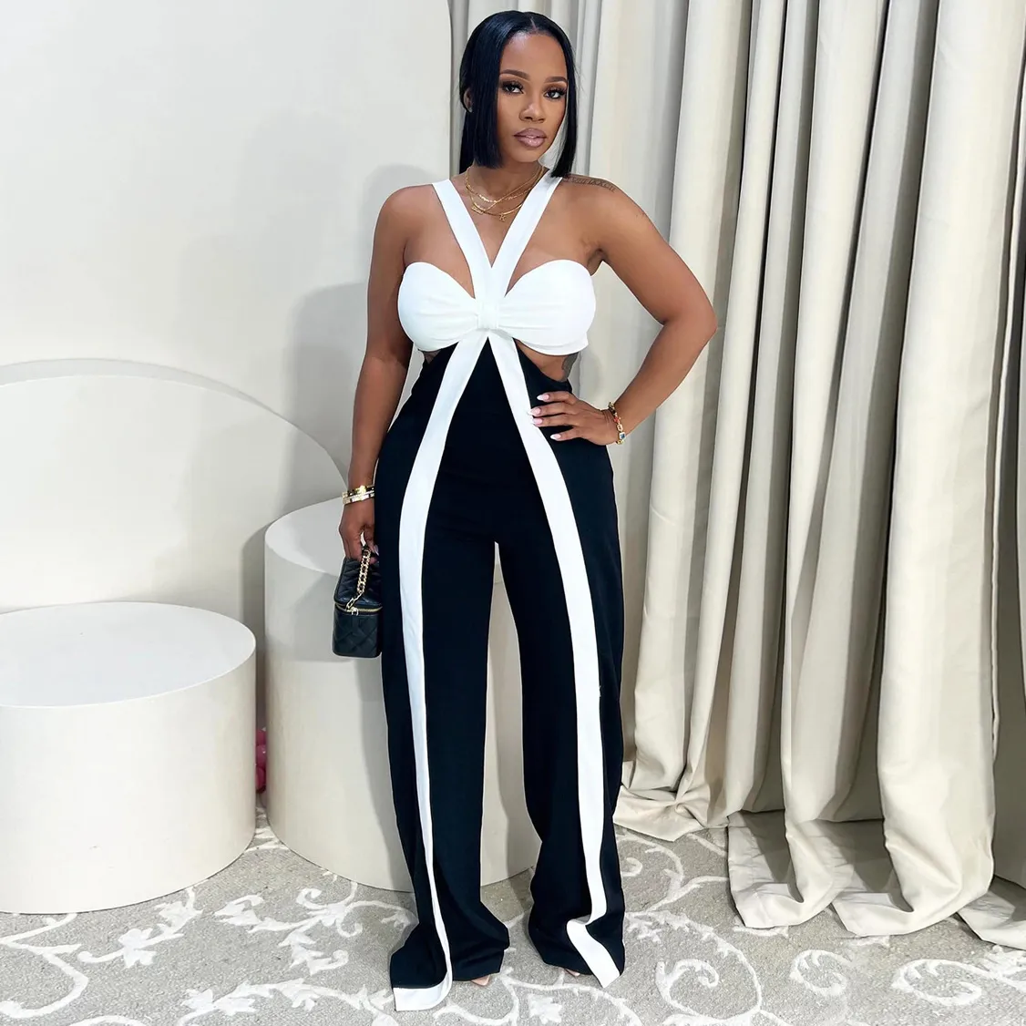 Women Fashion Sexy Color Block Hollow-Out Sleeveless Wide Leg Jumpsuits