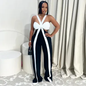 Women Fashion Sexy Color Block Hollow-Out Sleeveless Wide Leg Jumpsuits