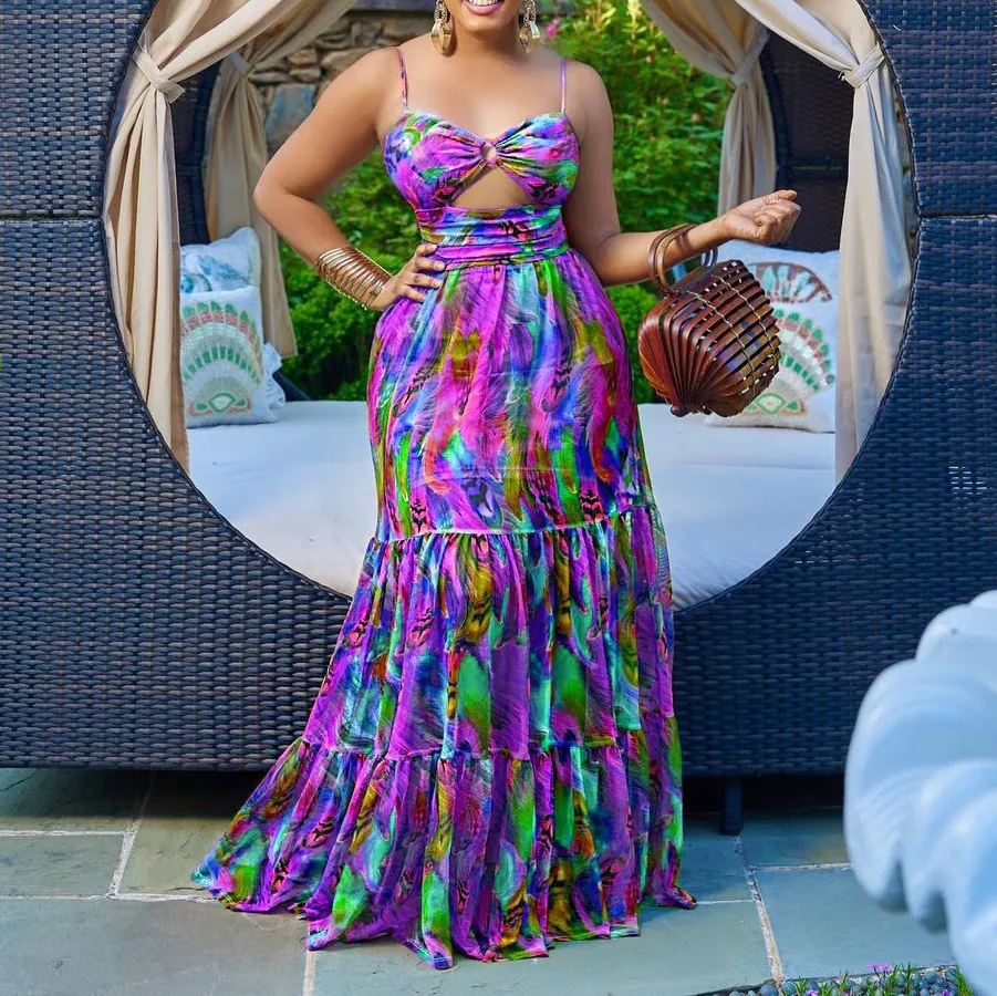 Women Fashion Sexy Plus Size Printed Spaghetti Strap Backless Long Dress