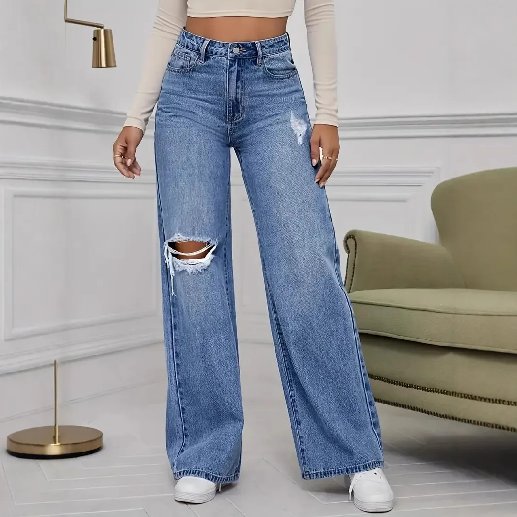 Women Fashion Casual High Waist Ripped Wide Leg Jeans