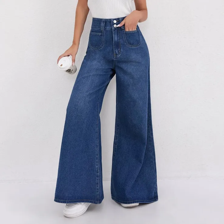 Women Fashion Casual High Waist Wide Leg Flared Jeans