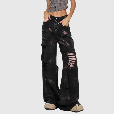 Women Fashion Casual Heavy Industry Washed Ripped Loose Wide Leg Jeans