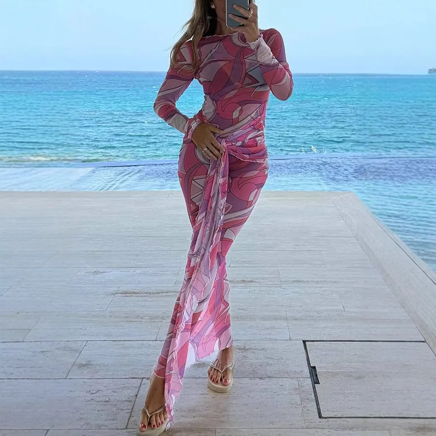Women Sexy Printed Long-Sleeve Slim-Fit Stretch Maxi Dress