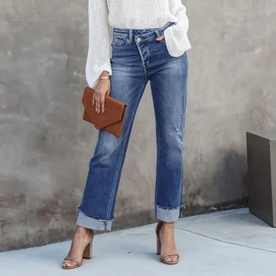 Women Fashion Casual High Waist Slim-Fit Straight Jeans