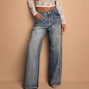 Women Fashion Casual Rhinestone Wide Leg Jeans