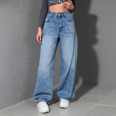 Women Fashion Casual Heart Jacquard High Waist Wide Leg Jeans