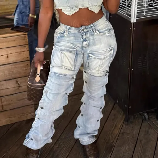 Women Fashion Casual Button Patch 3d Pocket Cargo Jeans
