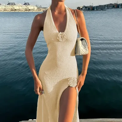 Women Sexy Solid Color Halter-Neck Deep V-Neck Backless Split Knit Maxi Dress
