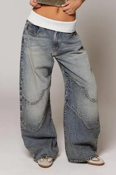 Women Fashion Casual Stitching Wide Leg Jeans