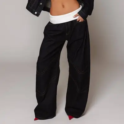 Women Fashion Casual Stitching Wide Leg Jeans