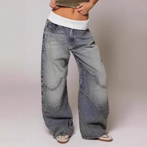 Women Fashion Casual Stitching Wide Leg Jeans