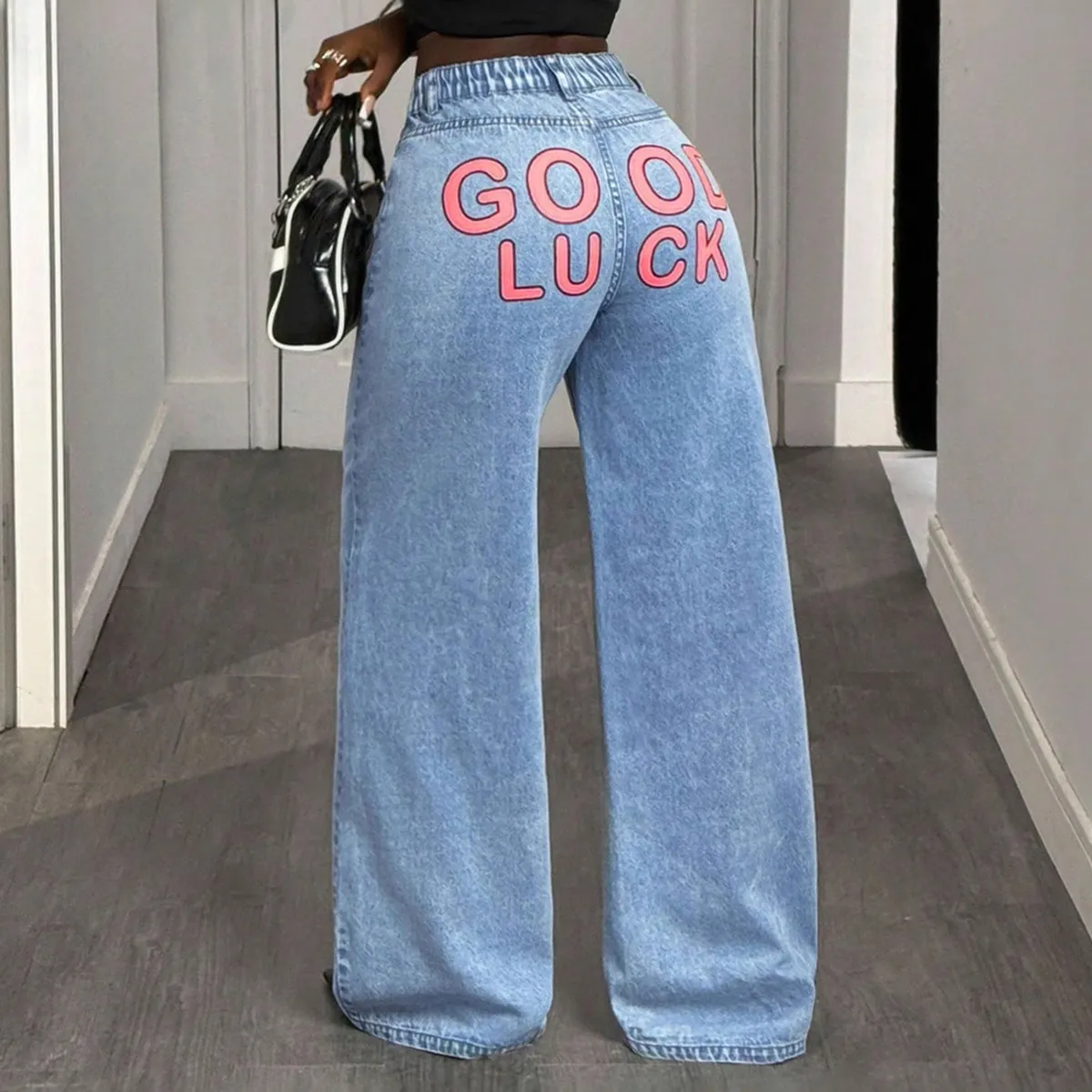 Women Fashion Casual Printed Wide Leg Jeans