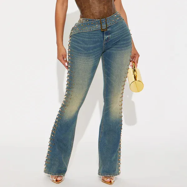 Women Fashion Creative Side Bead Design Bootcut Jeans