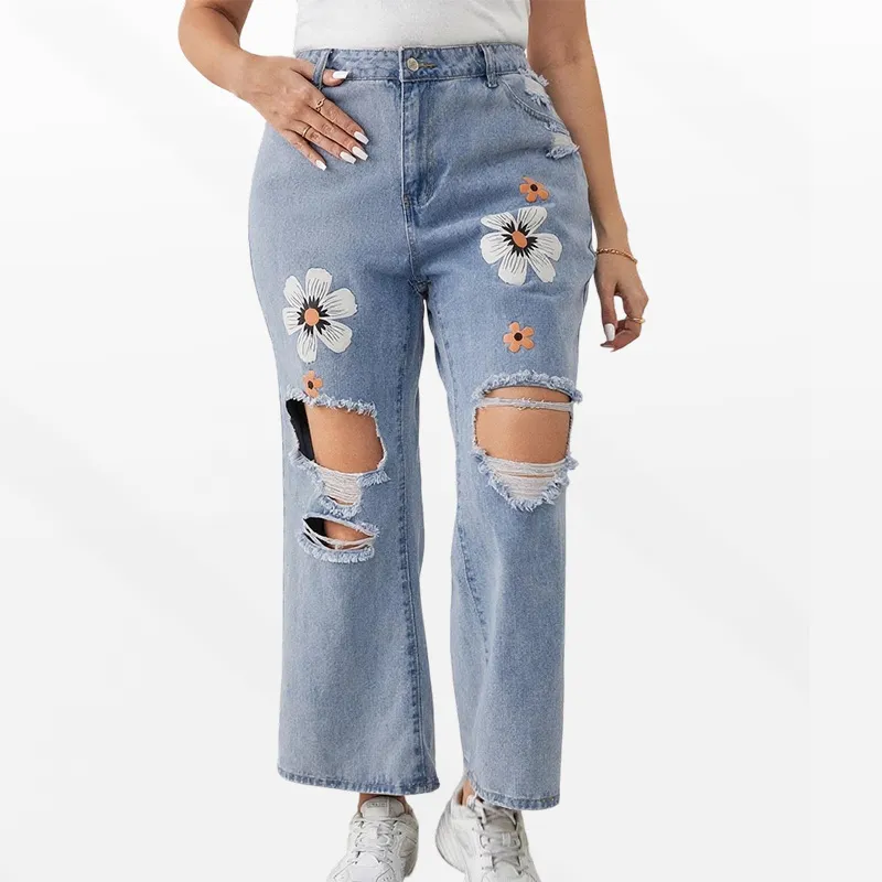 Women Fashion Casual Plus Size Flower Printed Ripped Bootcut Jeans