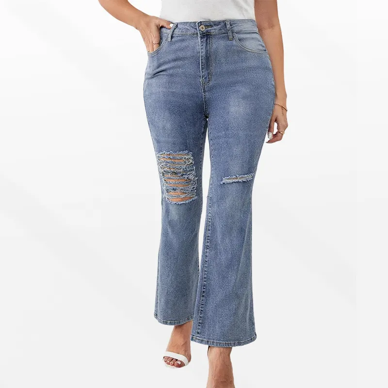 Women Fashion Casual Plus Size Ripped Washed Flared Jeans