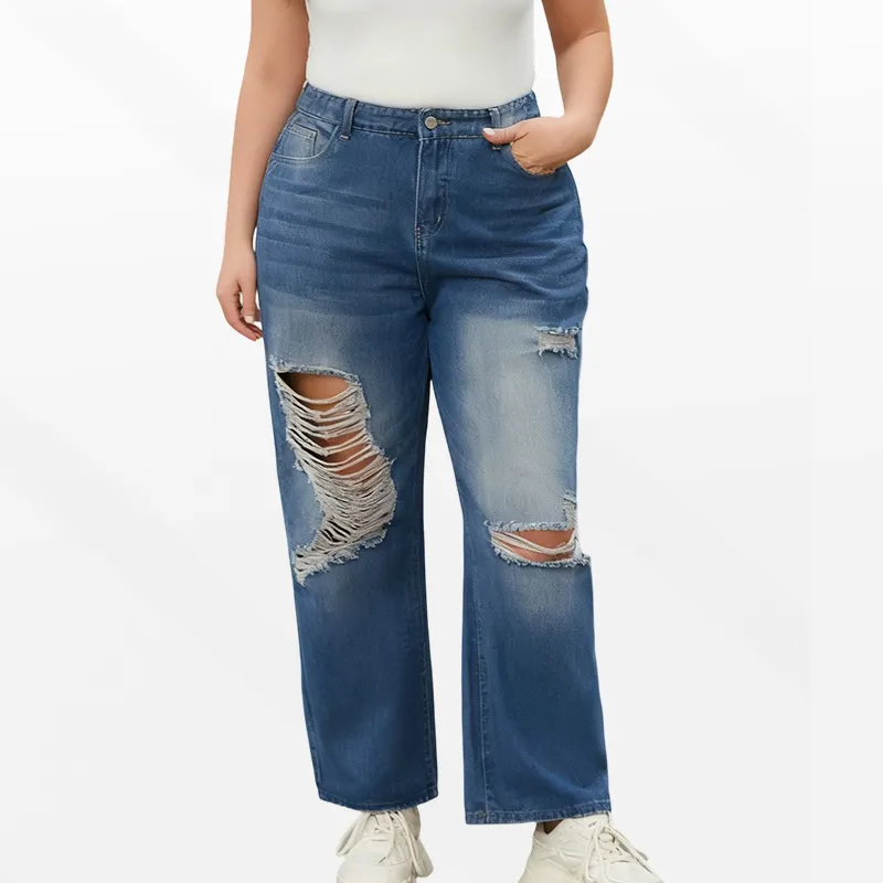 Women Fashion Casual Plus Size Blue Ripped Straight Jeans