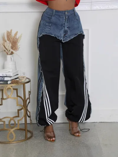 Street Women Fashion Stitching Design Sense Stripe Joggers Leg Wide Leg Jeans