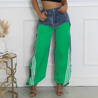 Street Women Fashion Stitching Design Sense Stripe Joggers Leg Wide Leg Jeans