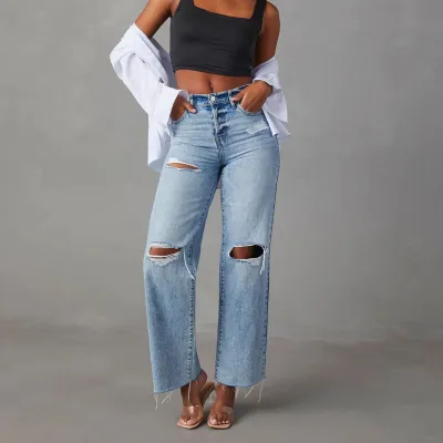 Women Fashion High Waist Ripped Straight Jeans