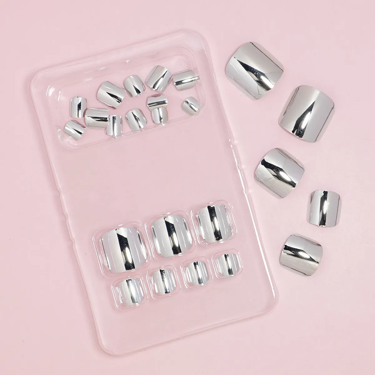 Women Fashion Silver Electroplated Short Fake Toenail 24 Box Simple Style