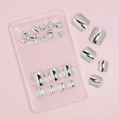 Women Fashion Silver Electroplated Short Fake Toenail 24 Box Simple Style