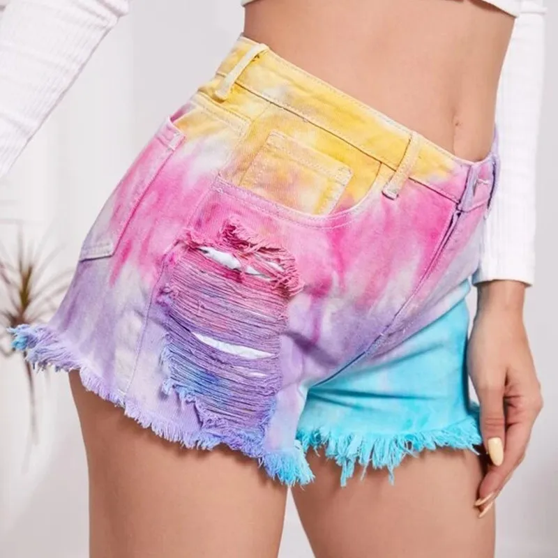 Women Fashion Tie-Dye Print Rick-Edge Denim Shorts