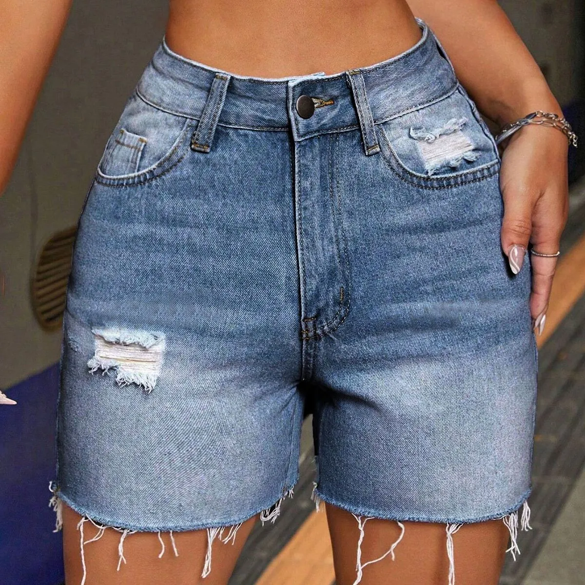 Street Women Summer Fashion Stretch High Waist Ripped Denim Shorts