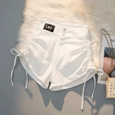 Women Fashion High Waist Strap Drawstring Denim Shorts