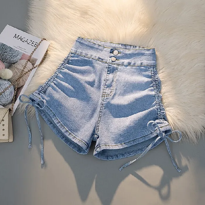 Women Fashion High Waist Strap Drawstring Denim Shorts
