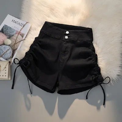 Women Fashion High Waist Strap Drawstring Denim Shorts