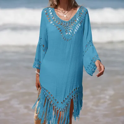 Women Fashion Casual Solid Color Stitching Long Tassel Loose Breathable Swimsuit Cover-Ups