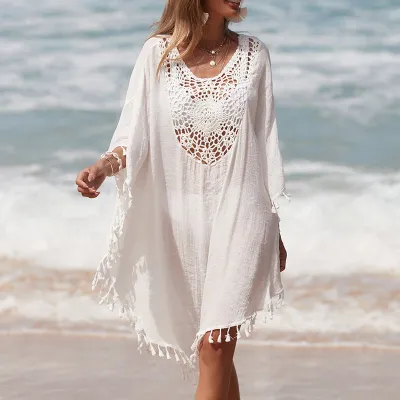 Women Fashion Casual Solid Color Stitching Tassel Swimsuit Cover-Ups