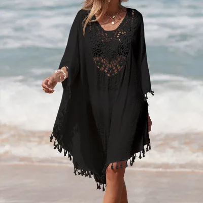 Women Fashion Casual Solid Color Stitching Tassel Swimsuit Cover-Ups