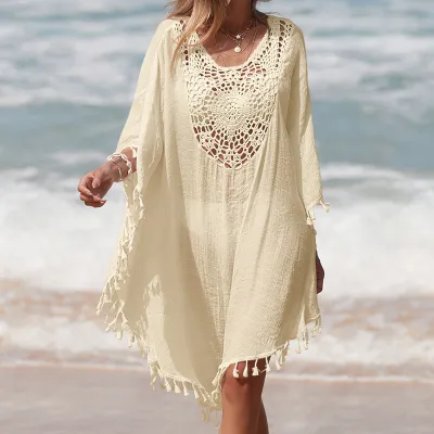 Women Fashion Casual Solid Color Stitching Tassel Swimsuit Cover-Ups