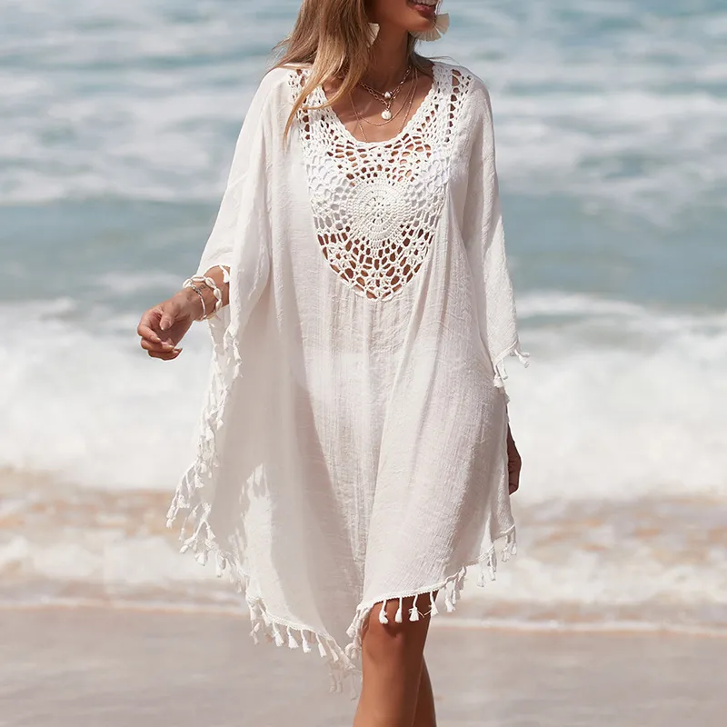 Women Fashion Casual Solid Color Stitching Tassel Swimsuit Cover-Ups