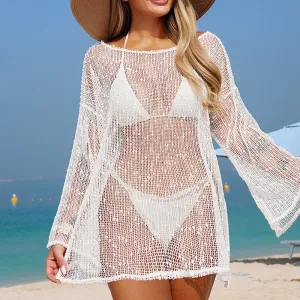 Women Fashion Sexy Solid Color Hollow Perspective Long Sleeve Loose Swimsuit Cover-Ups