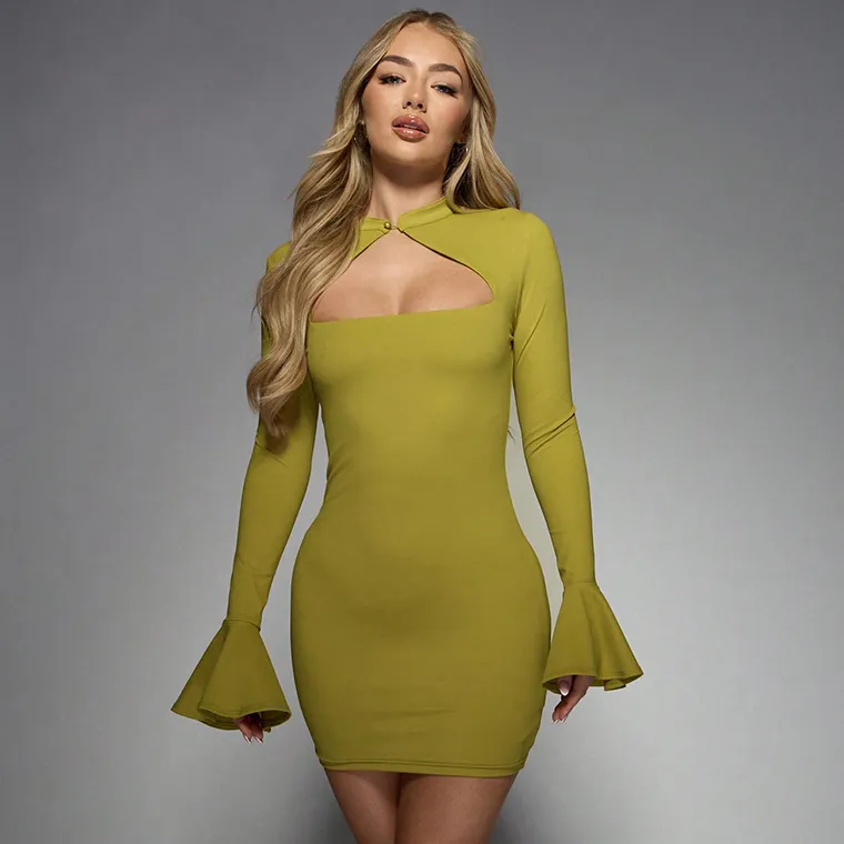 Women Fashion Sexy Elegant Solid Color Hollow-Out Trumpet Long-Sleeve Dress