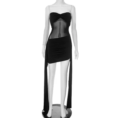 Women Fashion Sexy Elegant Solid Color Mesh Stitching Tube Top Long Strap Dress