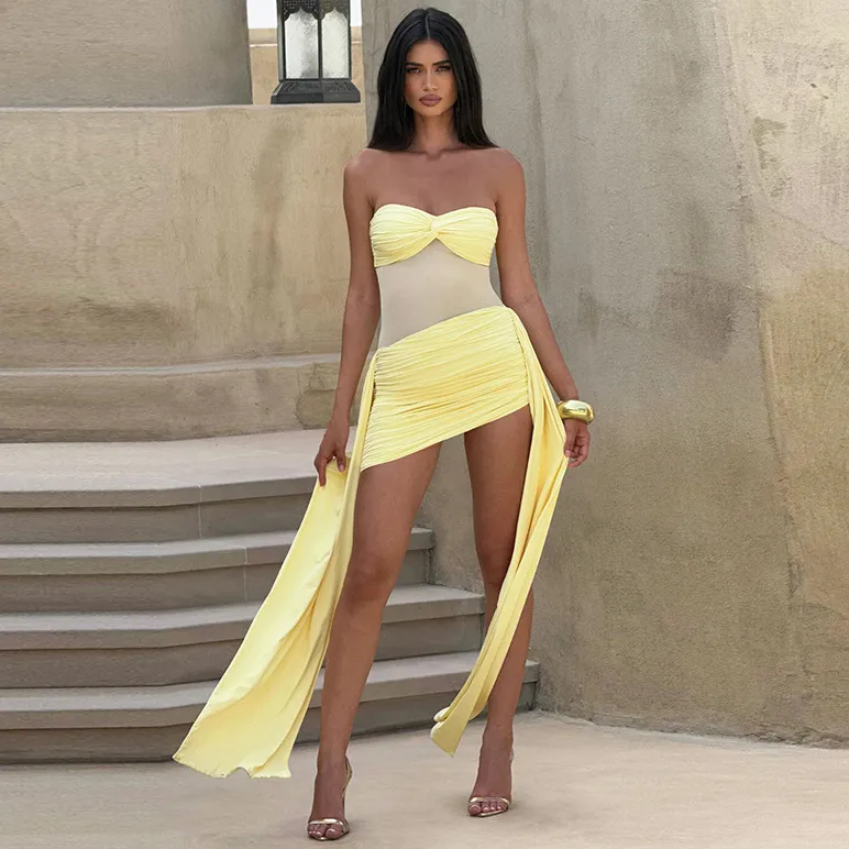 Women Fashion Sexy Elegant Solid Color Mesh Stitching Tube Top Long Strap Dress