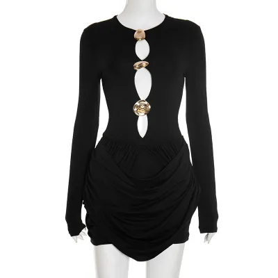Women Sexy Elegant Solid Color Metal Buckle Decorative Long-Sleeve Pleated Hollow Dress