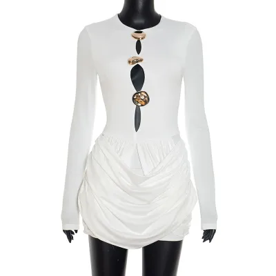 Women Sexy Elegant Solid Color Metal Buckle Decorative Long-Sleeve Pleated Hollow Dress